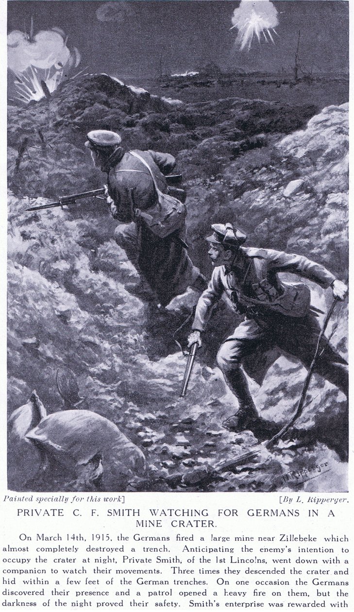 Il soldato C F Smith osserva i tedeschi in un cratere di mina a Zillebeke nel marzo 1915 da H. Ripperger