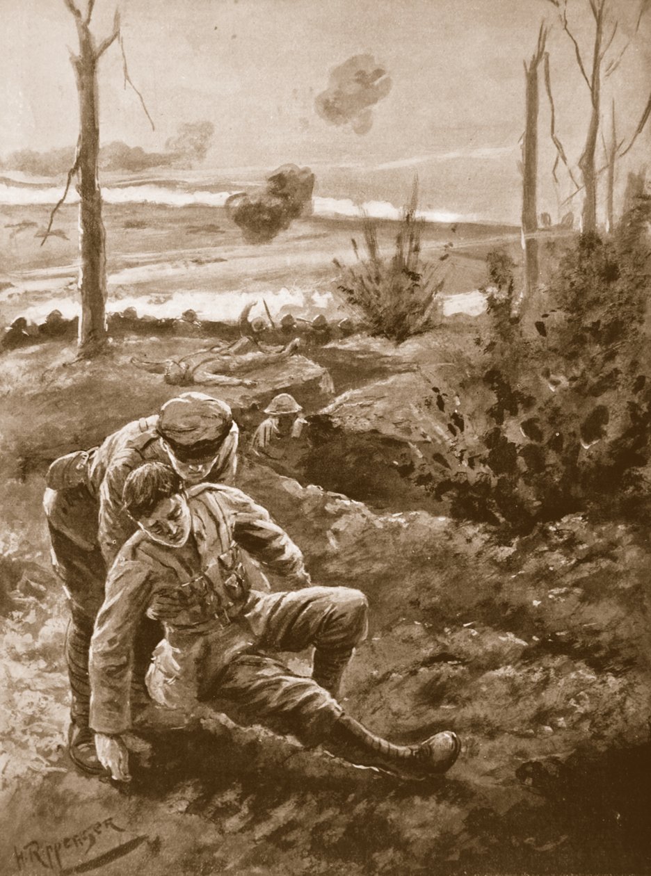 Il reverendo W.R.F. Addison porta un uomo ferito al riparo di una trincea sotto pesante fuoco di fucili e mitragliatrici da H. Ripperger