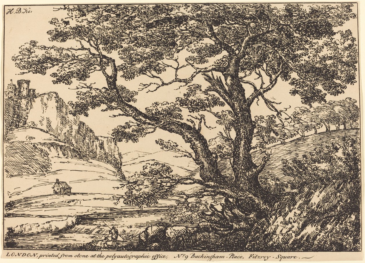 Paesaggio con grande albero, castello a sinistra da H.B. Ker
