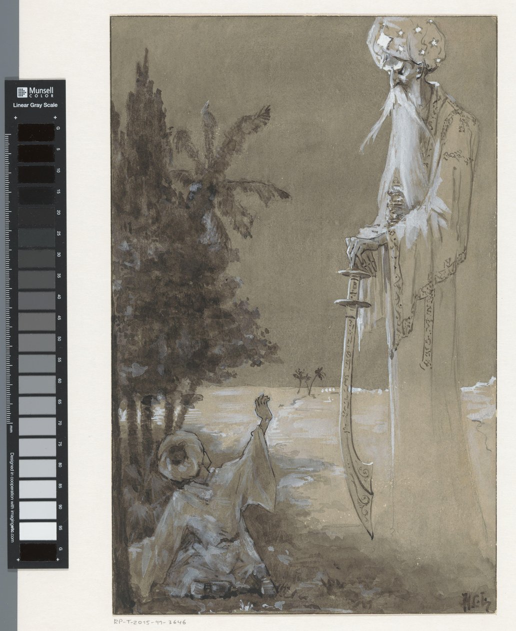 Uomo alto con barba guarda un ragazzo seduto da H.C. Louwerse (signed by artist)