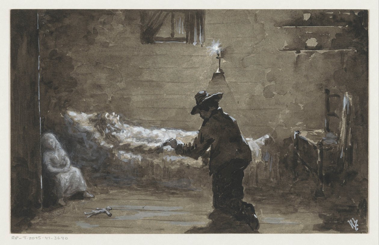 Uomo inginocchiato accanto al letto di una donna da H.C. Louwerse (signed by artist)