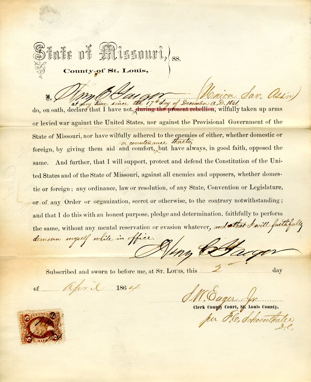 Giuramento di fedeltà di Henry C. Yaeger del Missouri, Contea di St. Louis da H.C. Yaeger