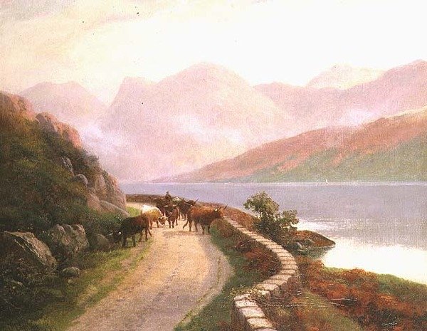 Mandriano con mucche vicino al lago Buttermere, sera da H.R. Hall