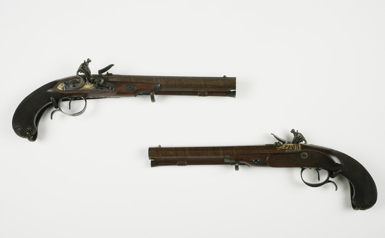 Coppia di pistole da duello a pietra focaia, c.1780-1800 da H.W. Mortimer and Sons