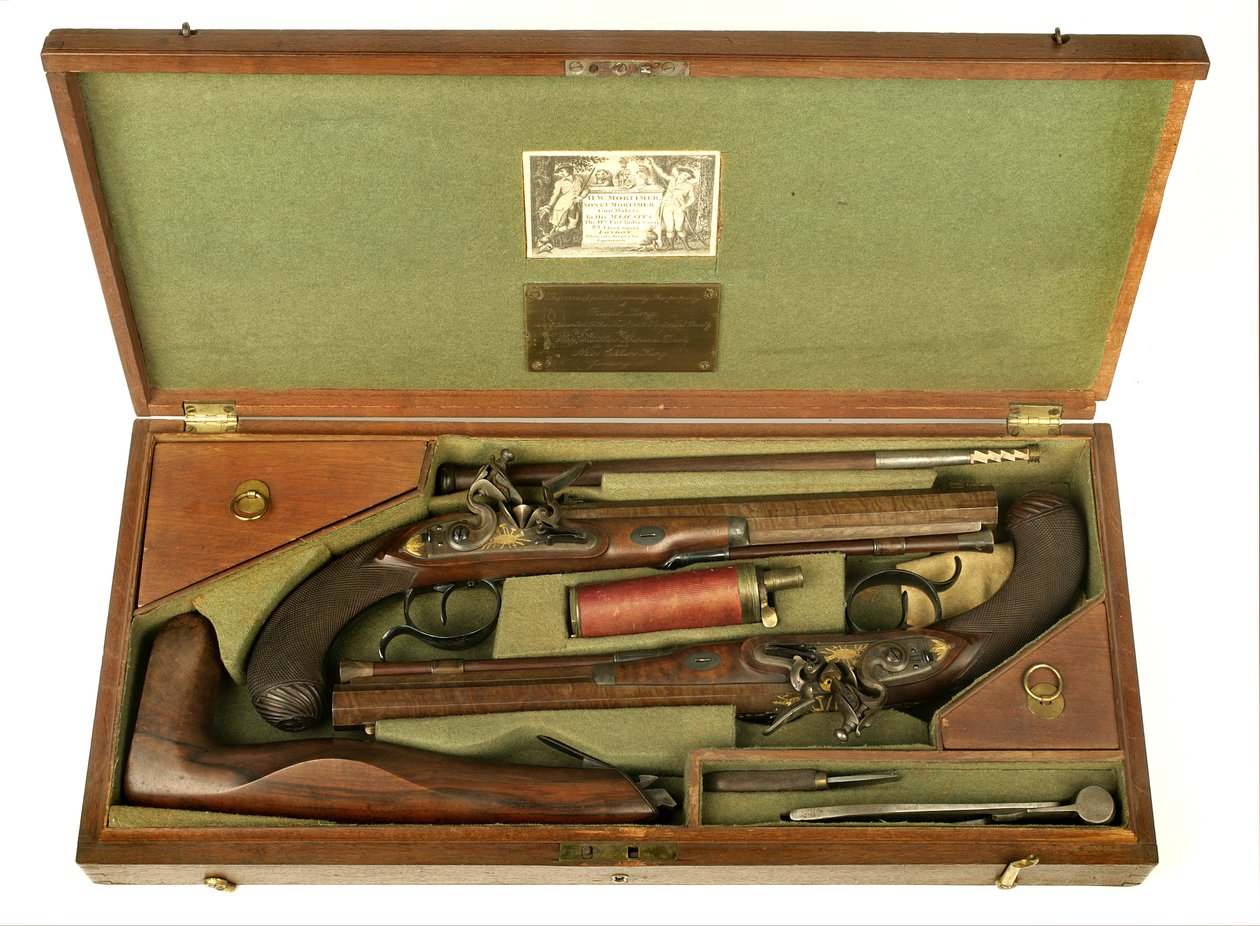 Coppia di pistole da duello a pietra focaia con custodia e accessori, c.1780-1800 da H.W. Mortimer and Sons
