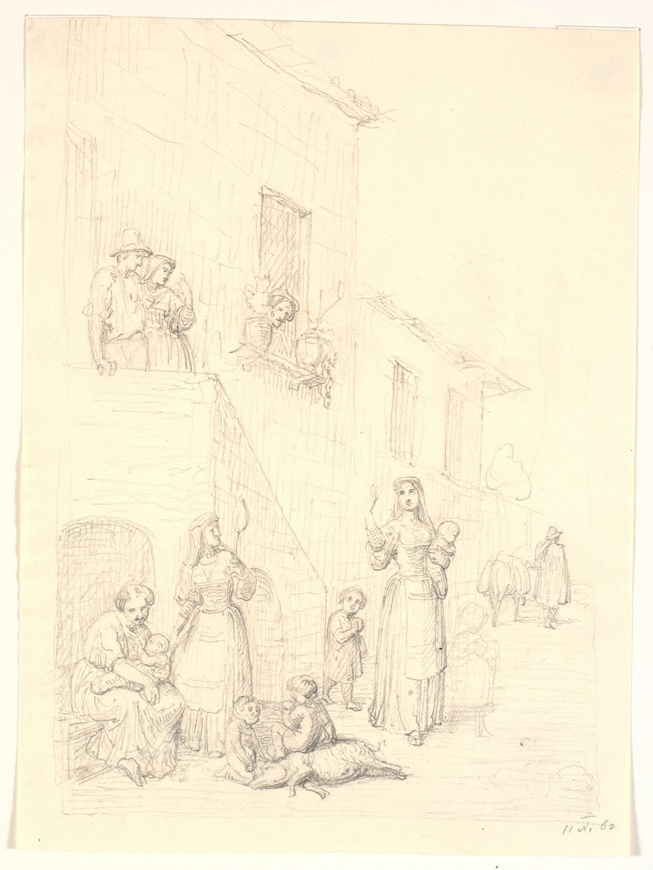 Donne e bambini fuori da una casa italiana da H.W. Bissen