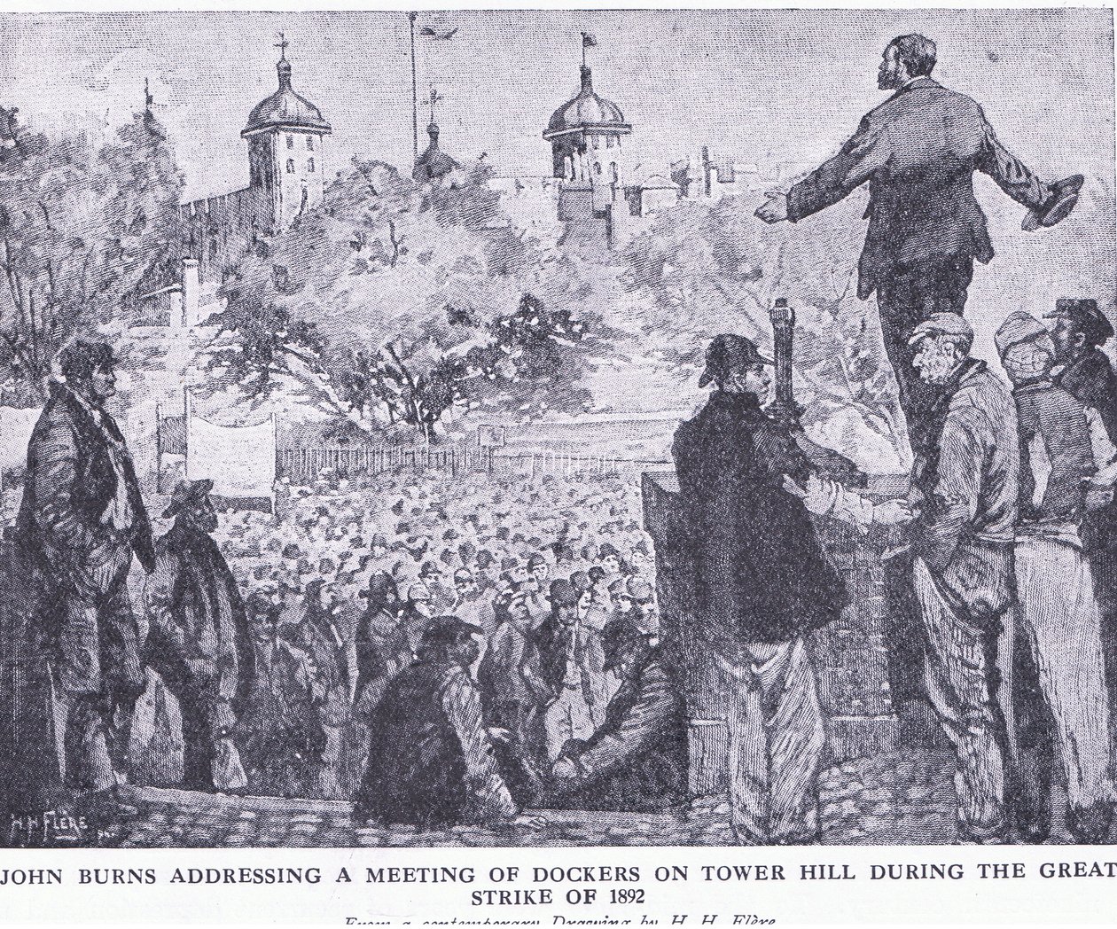 John Burns che parla a una riunione di scaricatori di porto a Tower Hill durante il Grande Sciopero del 1892, da La Storia del Popolo Britannico di Cassell pubblicato da Waverley Book Company Limited, c.1940 da H. H. Flere