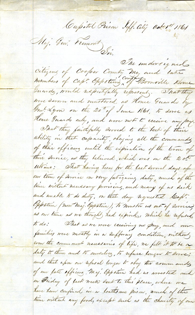 Appello dei membri della Compagnia del Capitano Eppstein, Boonville Home Guards, Prigione del Campidoglio, Jefferson City, al Maggiore Generale Fremont, 1 ottobre 1861 da H. L. Hoefer