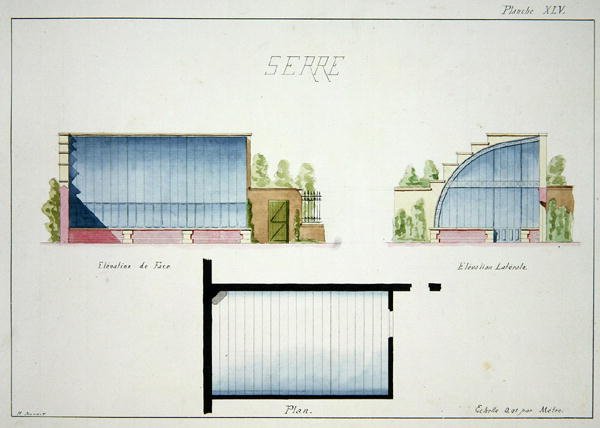 Progetto per una serra con pareti e tetto in vetro curvo, da un folio di disegni originali in stile classico e Belle-Epoque, c.1870 da H. Monnot