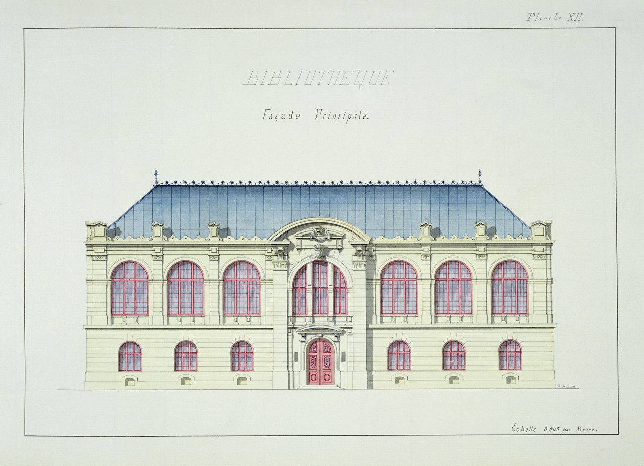 Facciata principale di una biblioteca, tavola XII da un folio di disegni, c.1870 da H. Monnot