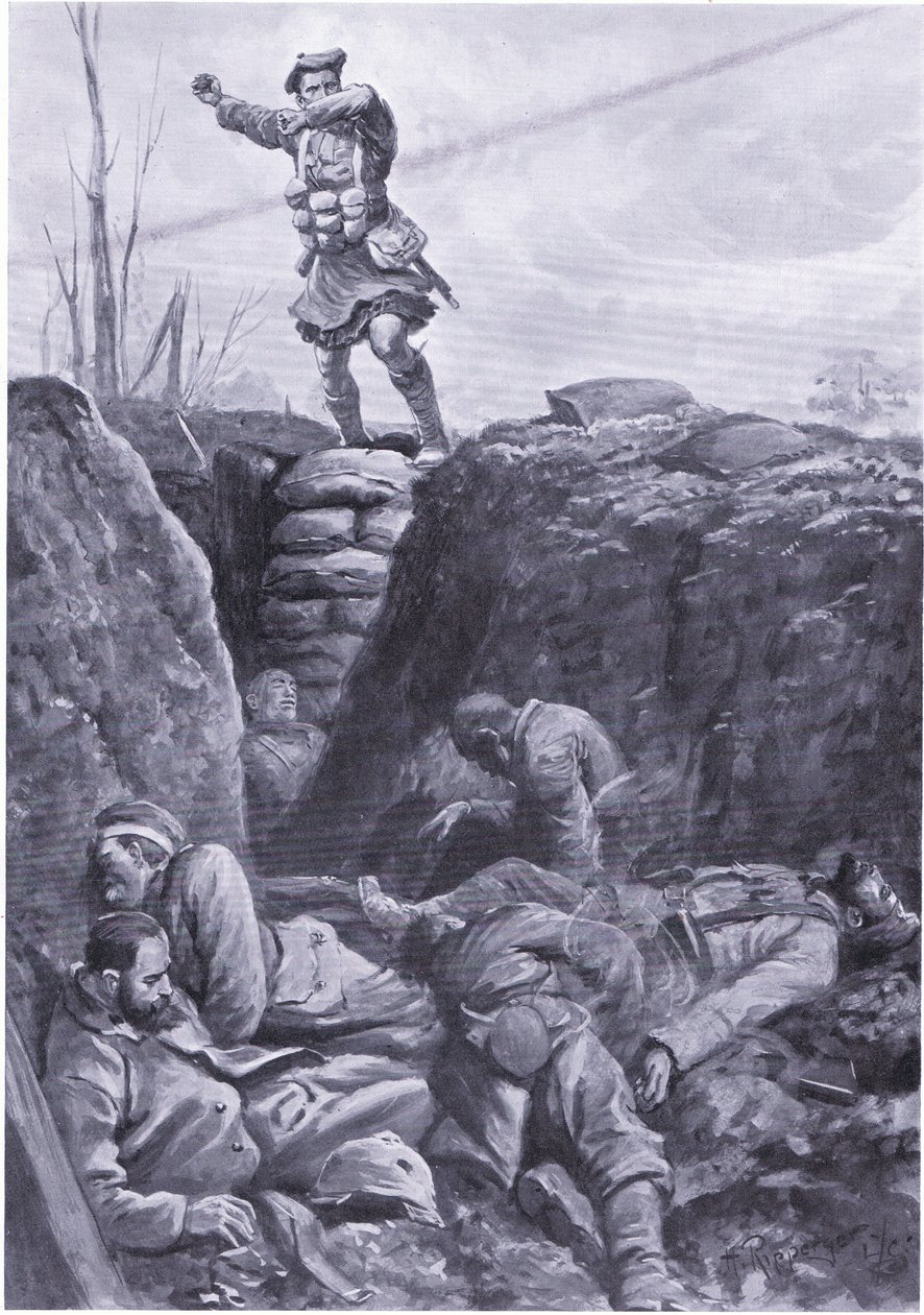 Il Soldato Brown (Gordon Highlander) bombarda il nemico in una trincea tedesca dalla cima di una barricata da H. Ripperger