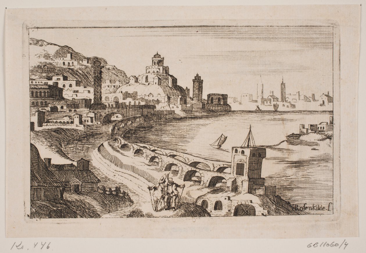 Riva del fiume con città orientale da H. Rosenkilde