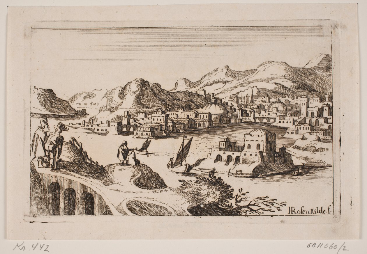 Paesaggio costiero coperto di rame con edifici orientali da H. Rosenkilde