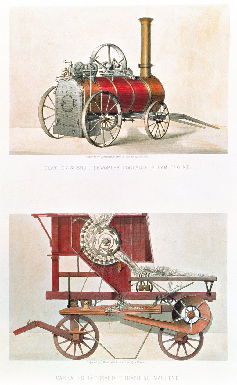 Motore a vapore portatile di Clayton e Shuttleworth e macchina per la trebbiatura migliorata di Garratt, inciso da G. Greatbach da H. after Mason