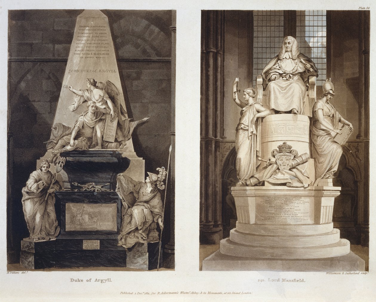 Tombe del Duca di Argyll e di Lord Mansfield, tavola 56 da Westminster Abbey, inciso da Williamson e Thomas Sutherland, pub. da Rudolph Ackermann, 1811 da H. after Villiers
