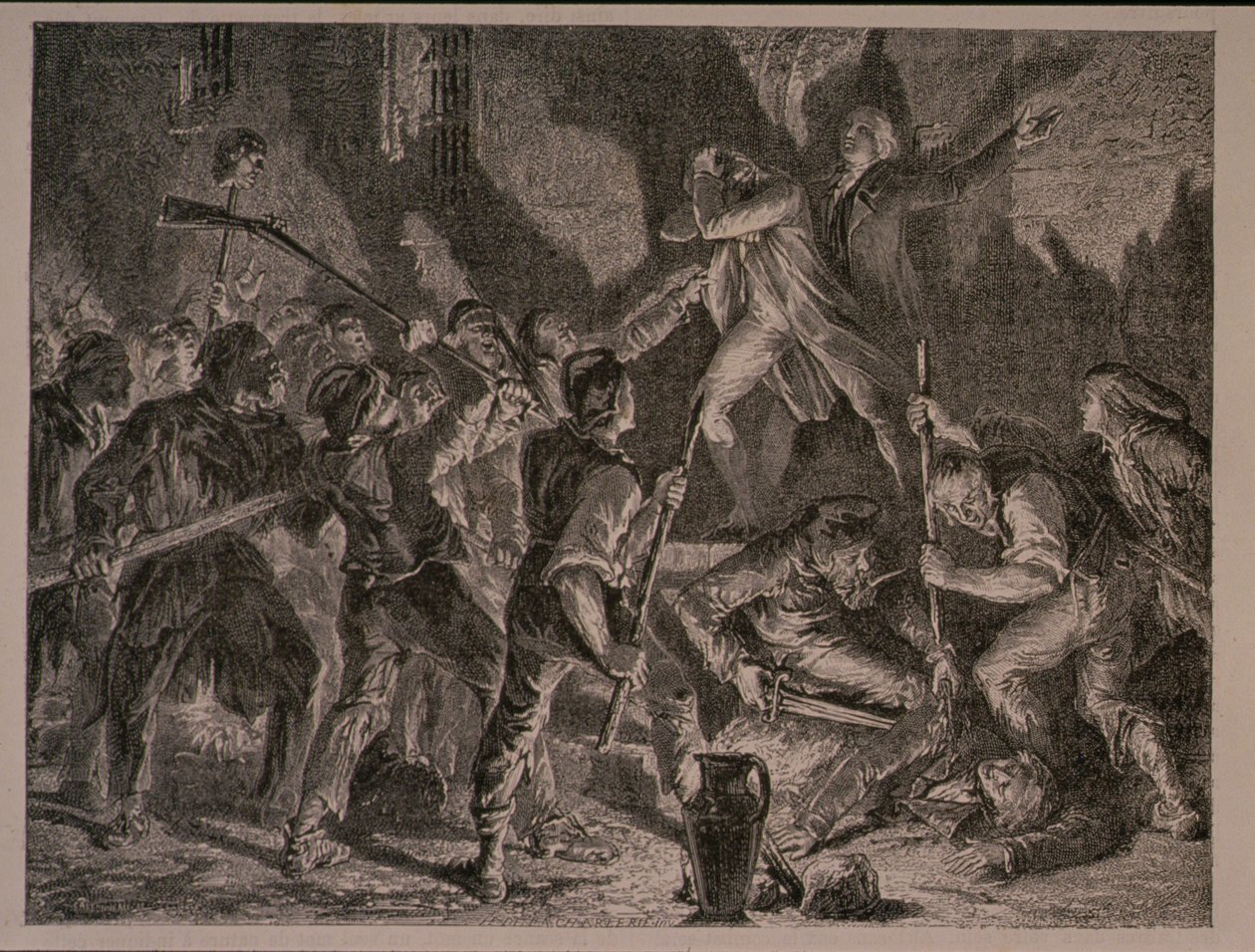 Il massacro nelle prigioni nel settembre 1792, inciso da Jean-Baptiste Charles Carbonneau (n.1815) da H. de la Charlerie