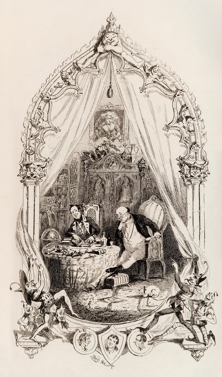 Frontespizio da The Posthumous Papers of the Pickwick Club pubblicato in forma di libro nel 1837 da Hablot Knight Browne