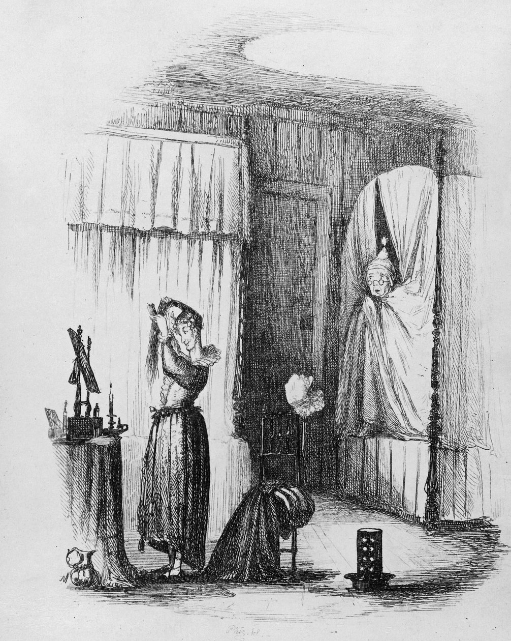 La signora di mezza età nella stanza con due letti, illustrazione da 