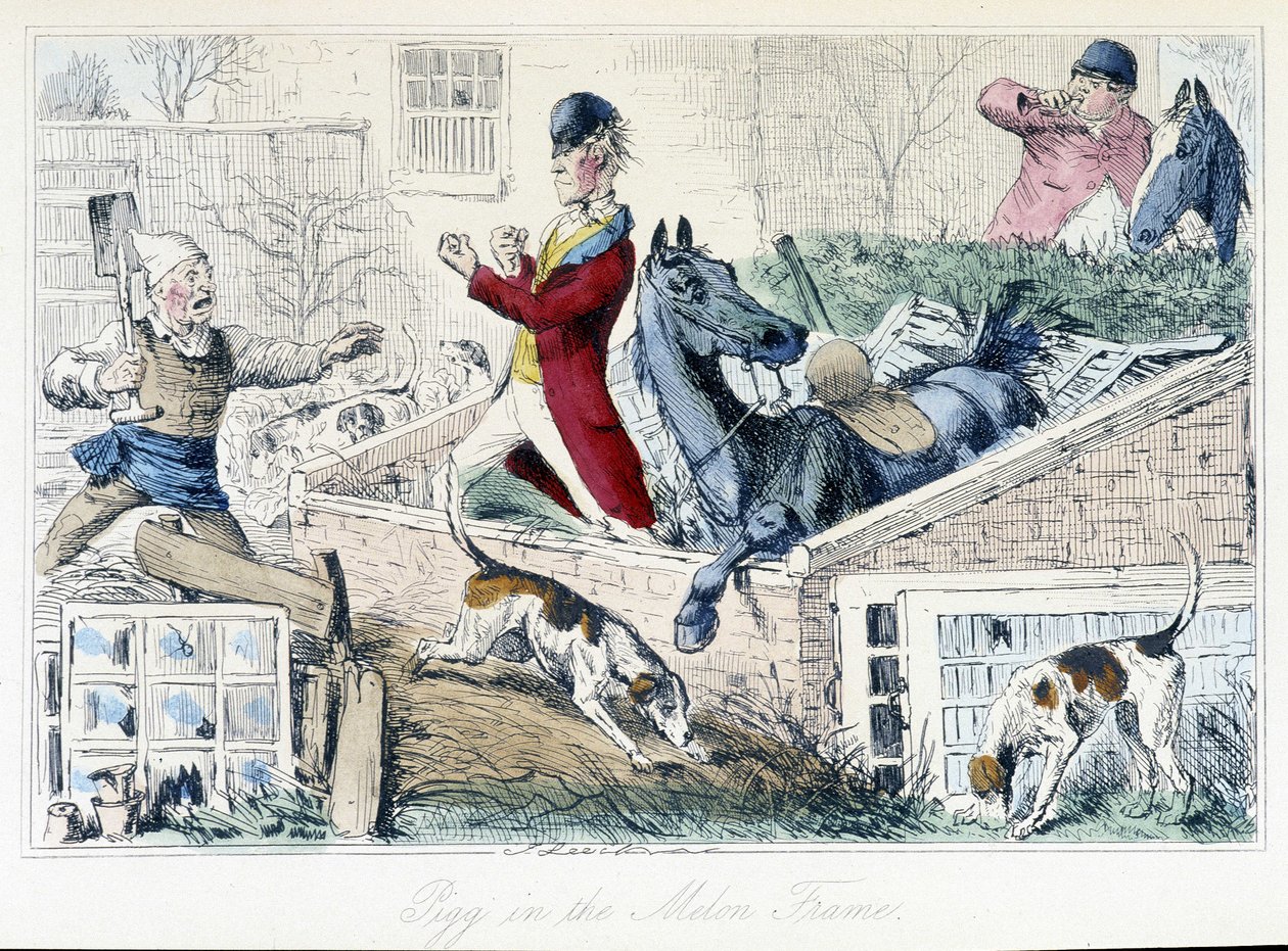 Lotta tra un contadino e un cacciatore. Caricatura inglese sulla caccia alla volpe dalle "avventure di Thomas Scott o Hawbuck Grange", illustrazione di H.K. Browne e W.T. Maud da Hablot Knight Browne