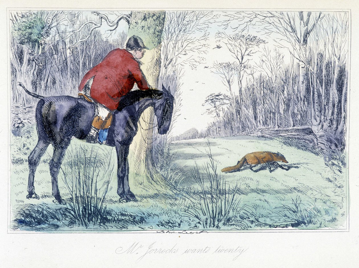 Scena di caccia a cavallo. Caricatura inglese sulla caccia alla volpe da "Avventure di Thomas Scott o Hawbuck Grange", illustrazione di H.K. Browne e W.T. Maud. da Hablot Knight Browne