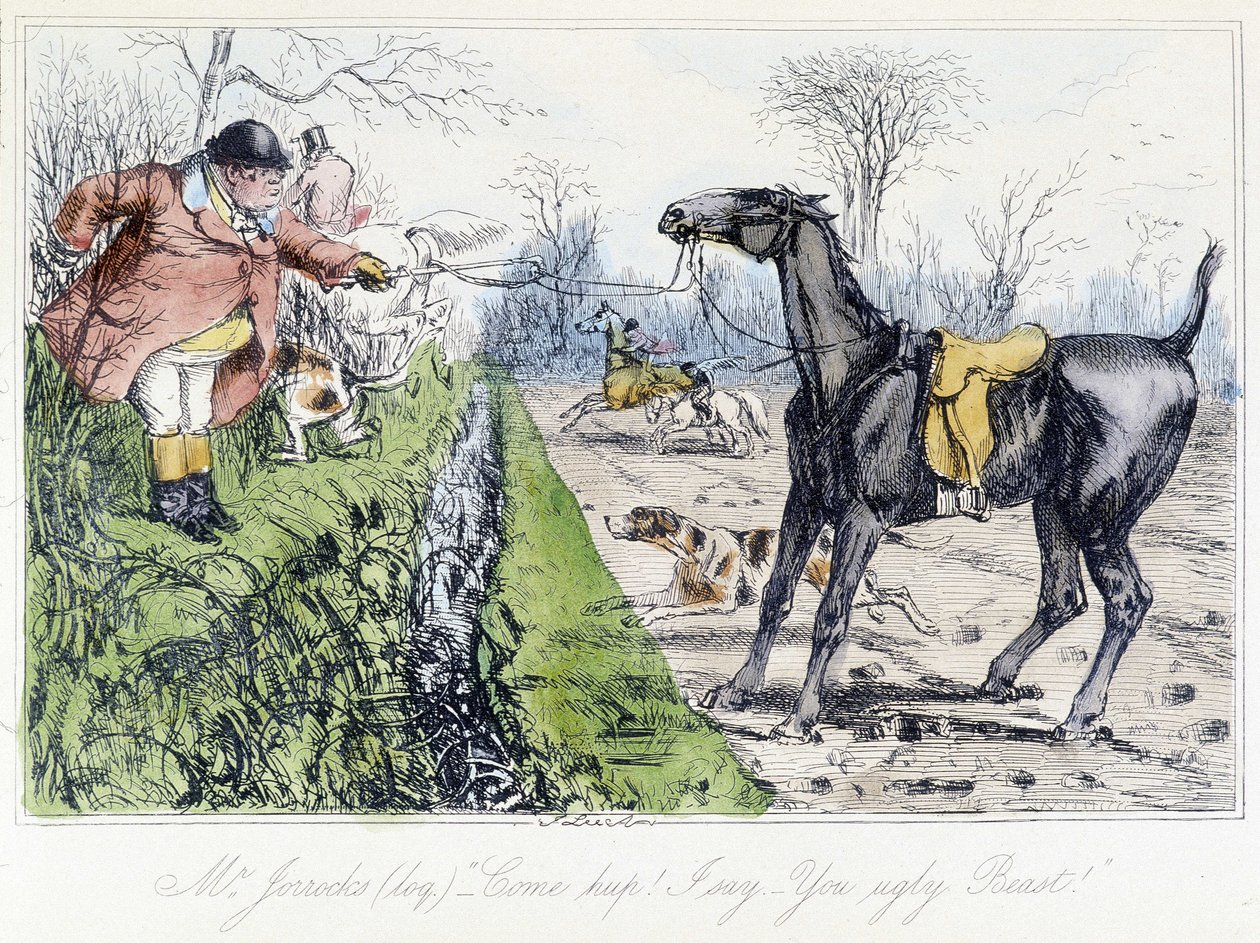 Scena di caccia a cavallo. Caricatura inglese sulla caccia alla volpe da "Le avventure di Thomas Scott o Hawbuck Grange", illustrazione di H.K. Browne e W.T. Maud da Hablot Knight Browne