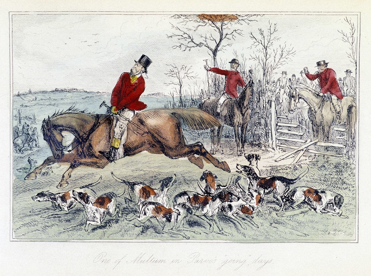 Scena di caccia in "Le avventure di Thomas Scott", illustrazione di H.K. Browne e W.T. Maud; caricatura inglese sulla caccia alla volpe da Hablot Knight Browne