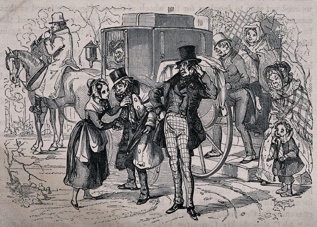 Una giovane donna si prende cura di un uomo che sembra malato, mentre gli occupanti della casa salgono sulla carrozza. Incisione su legno di Gray, tratta da un’opera di H.K. Browne. da Hablot Knight Browne