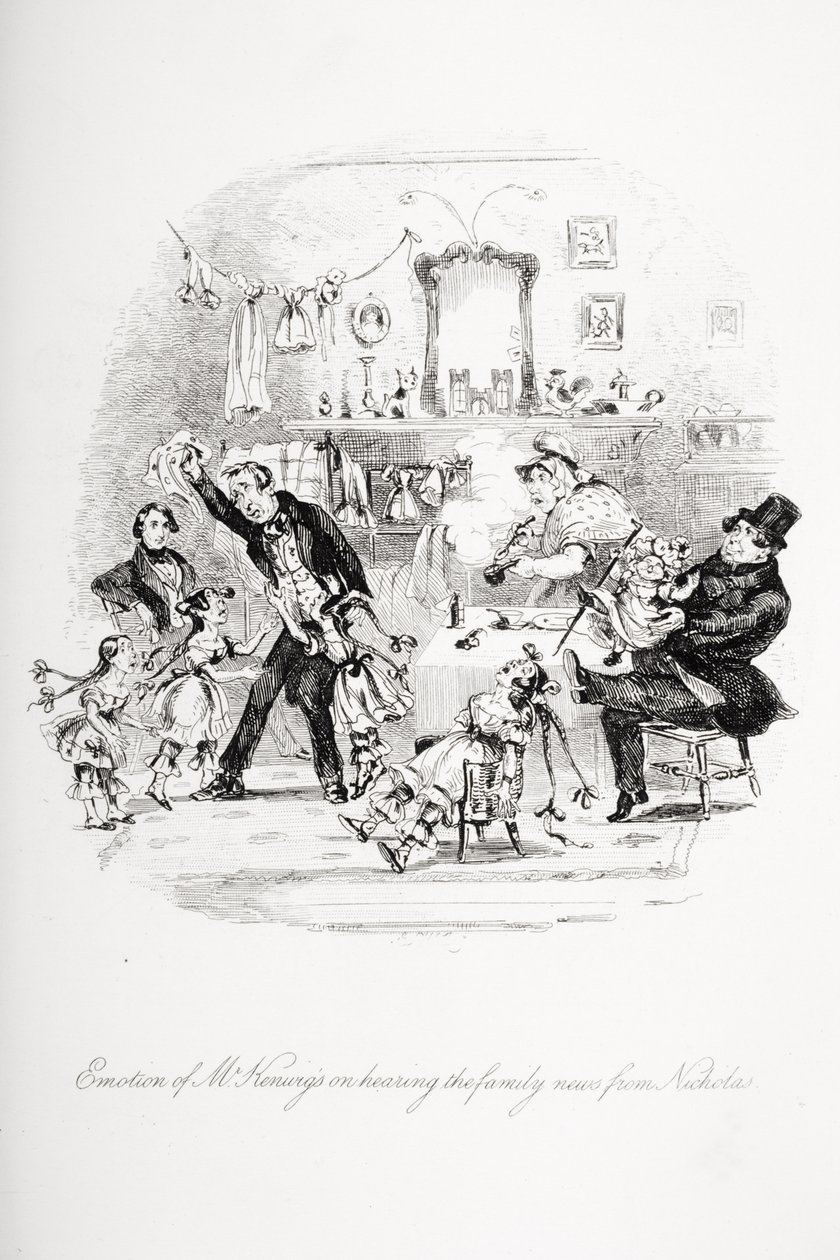 Emozione di Mr. Kenwigs nel sentire le notizie di famiglia da Nicholas, illustrazione da 