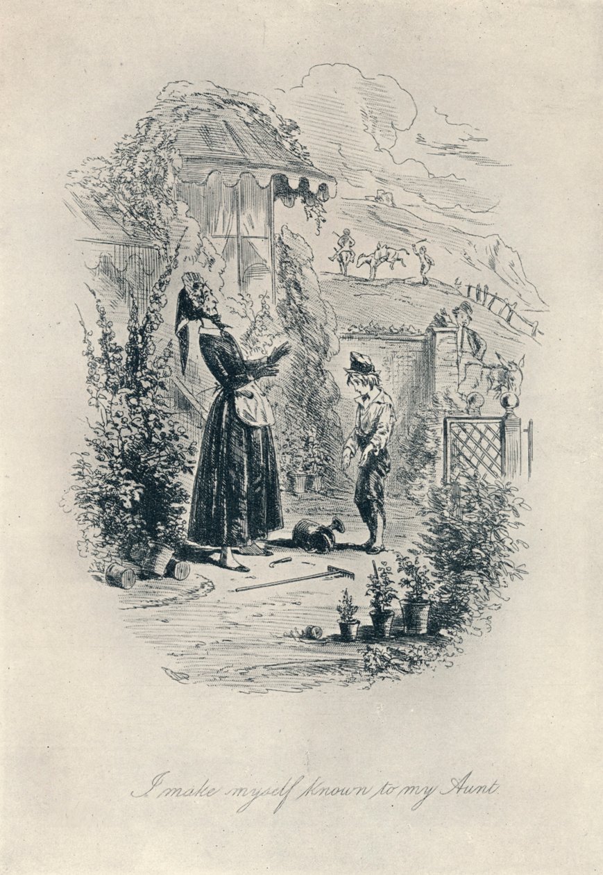 Mi faccio conoscere da mia zia. Incisione da David Copperfield, c1840-1880, 1923 da Hablot Knight Browne