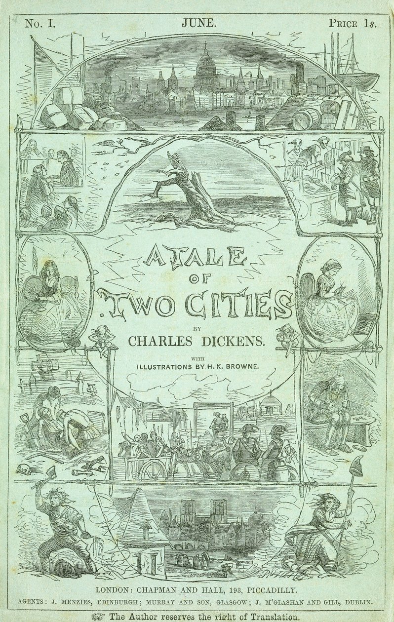 Pagina del titolo della prima parte della prima edizione in parti serializzate del libro "A Tale of Two Cities" di Charles Dickens da Hablot Knight Browne