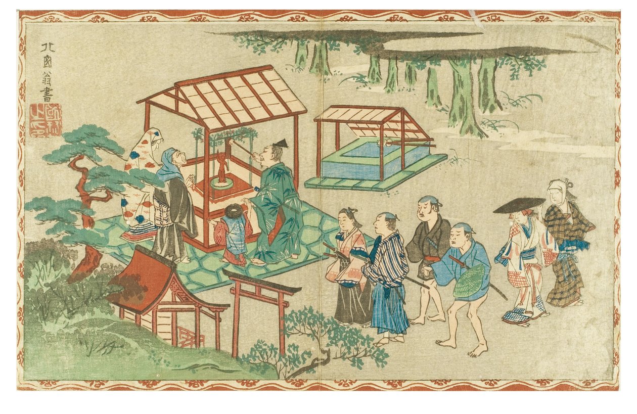 Visita a un santuario scintoista, 1830-1839 circa (stampa woodblock su carta) da Hanabusa Itcho
