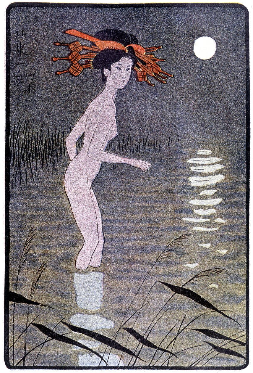 Giovane giapponese che si bagna in uno stagno al chiaro di luna - in "Bambola giapponese" di Félicien Champsaur, ill. Hanafusa Itcho, Parigi da Hanabusa Itcho
