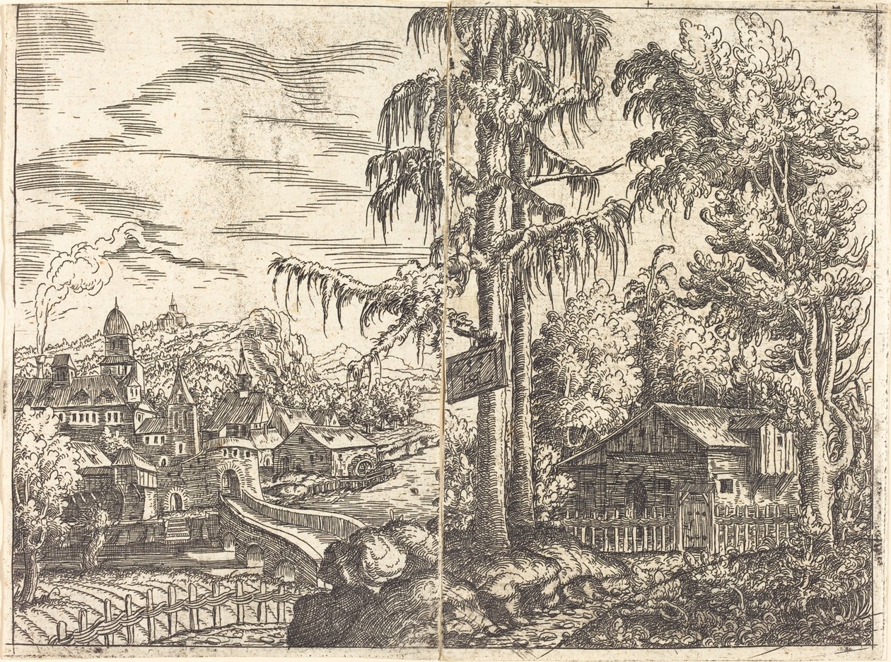 Paesaggio con vista di una casa di contadino e una città vicino a un fiume da Hanns Lautensack
