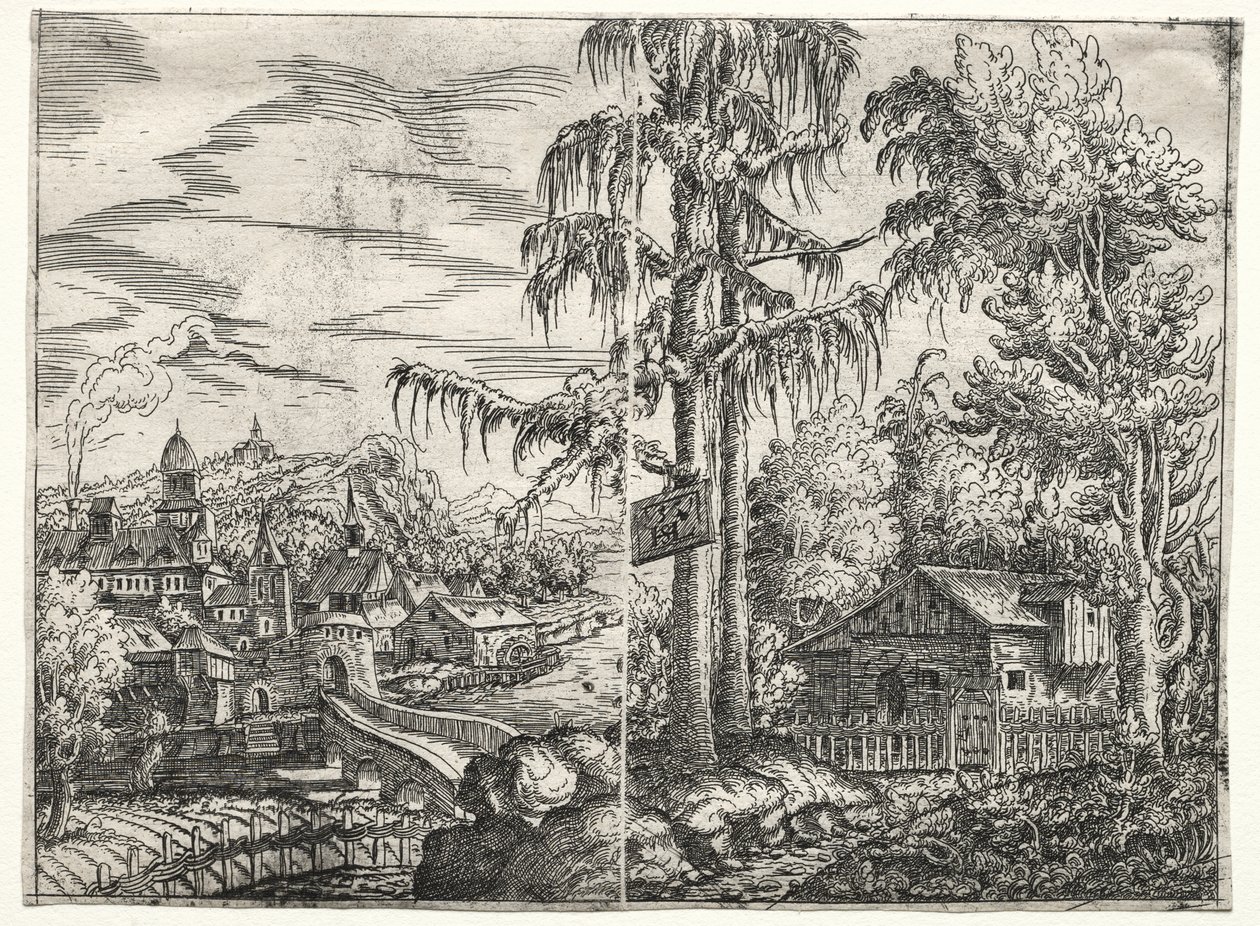 Paesaggio con la città su un fiume e il cottage tra gli alberi da Hanns Lautensack