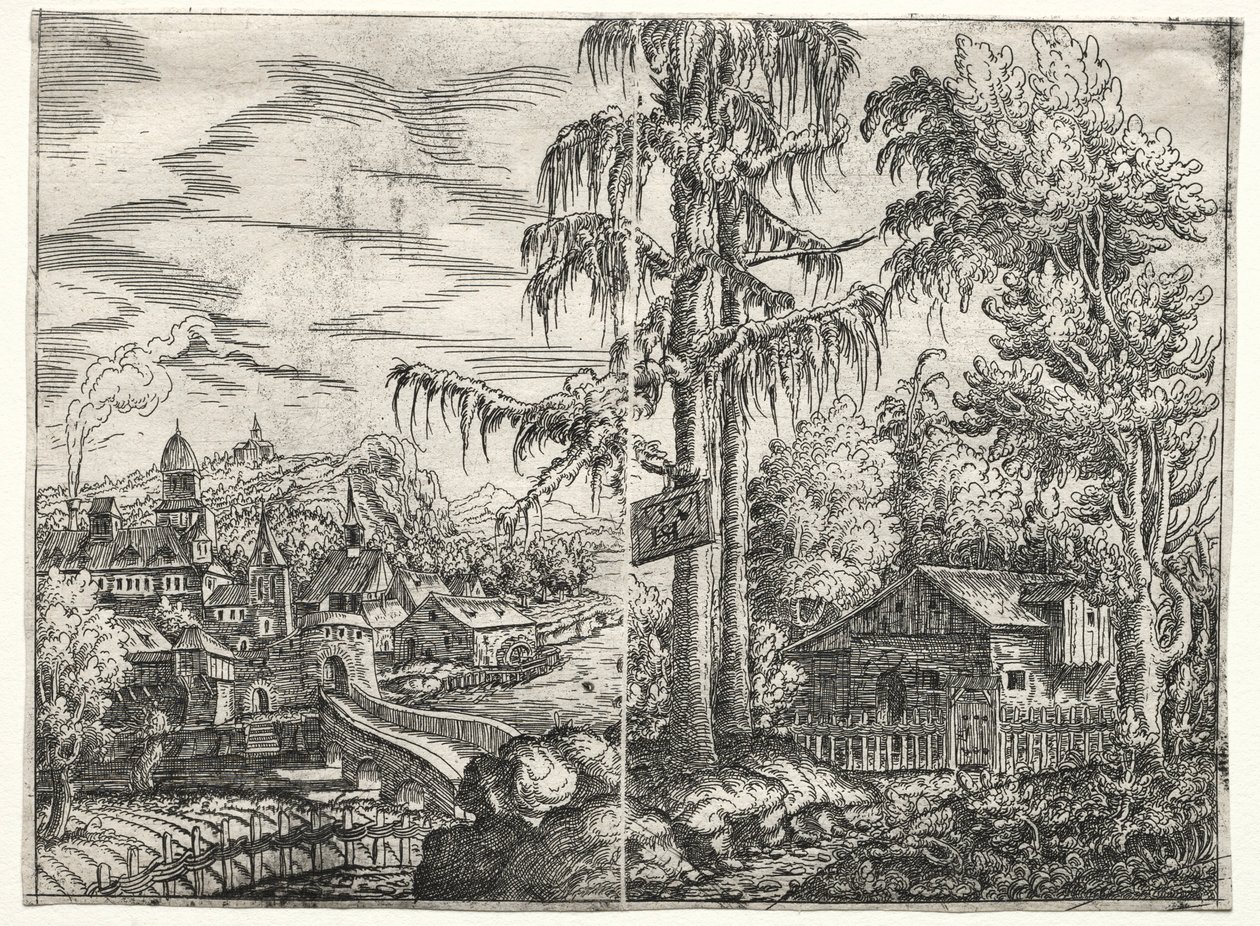 Paesaggio con la città su un fiume e il cottage tra gli alberi, 1551 da Hanns Sebald Lautensack