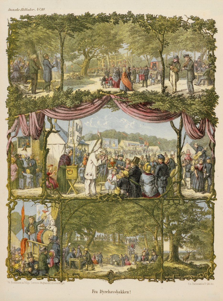Scena da una fiera di contea danese, Fra Dyrehavsbakken, da un foglio volante pubblicato da Michaelsen & Tillage, 1850 da Hans Christian Ley