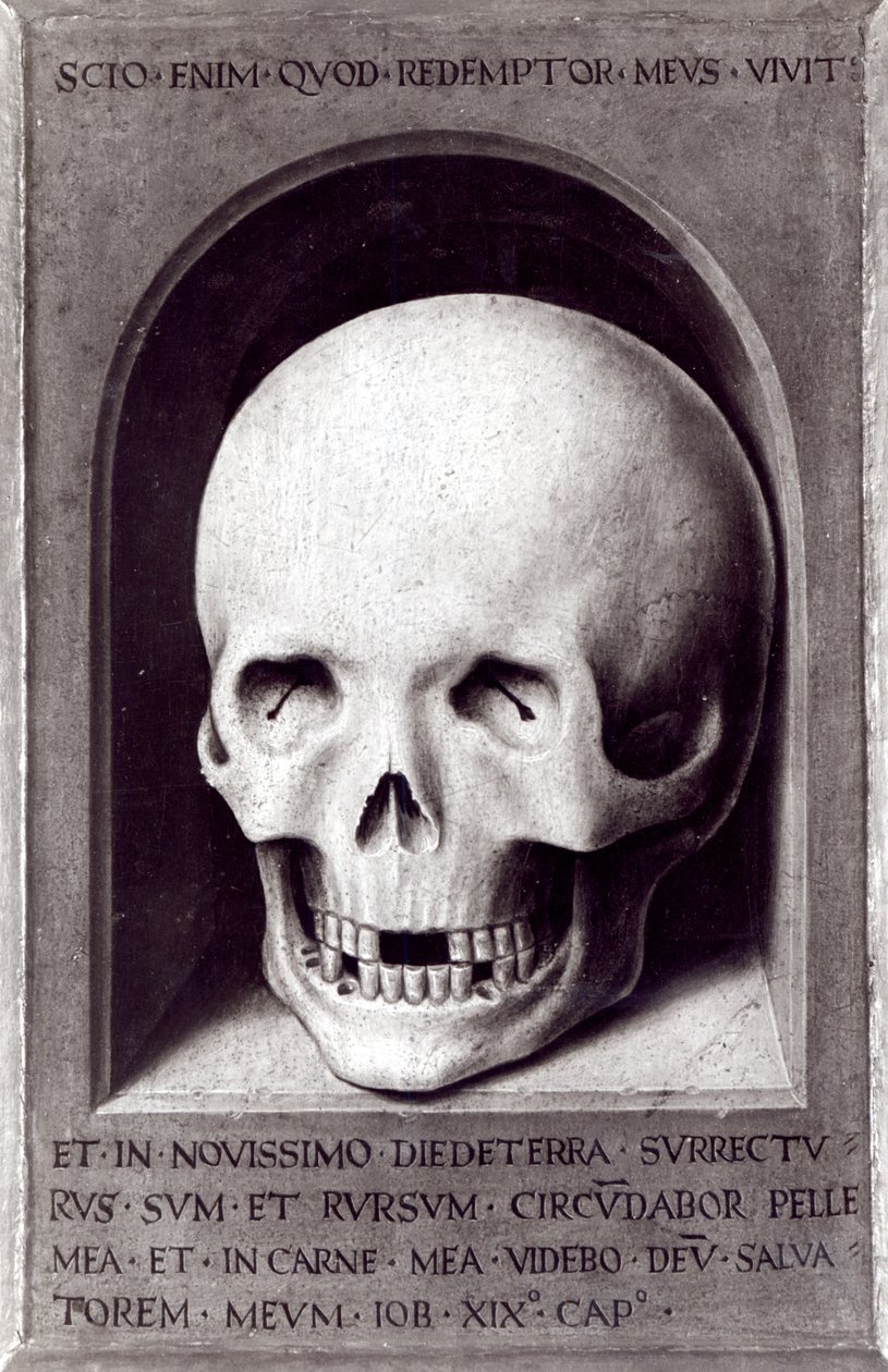 Teschio, pannello destro del retro del Trittico della Vanità Terrena e della Salvezza Divina, c.1485 da Hans Memling