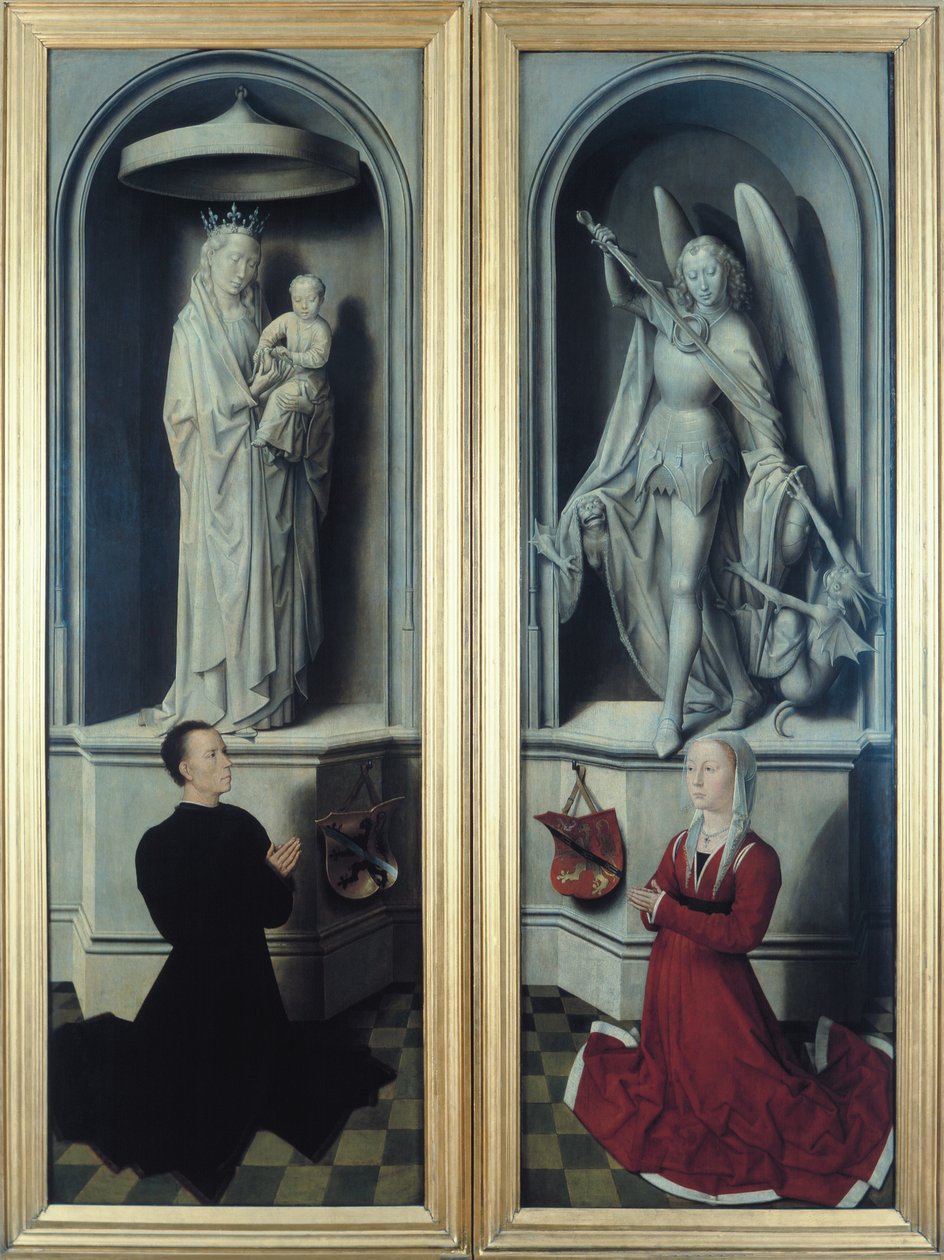 Vista del Giudizio Universale con i pannelli chiusi, raffigurante i donatori, Angelo di Jacopo Tani e sua moglie, Caterina de Tanagli, sotto la Madonna col Bambino e San Michele, 1473 da Hans Memling
