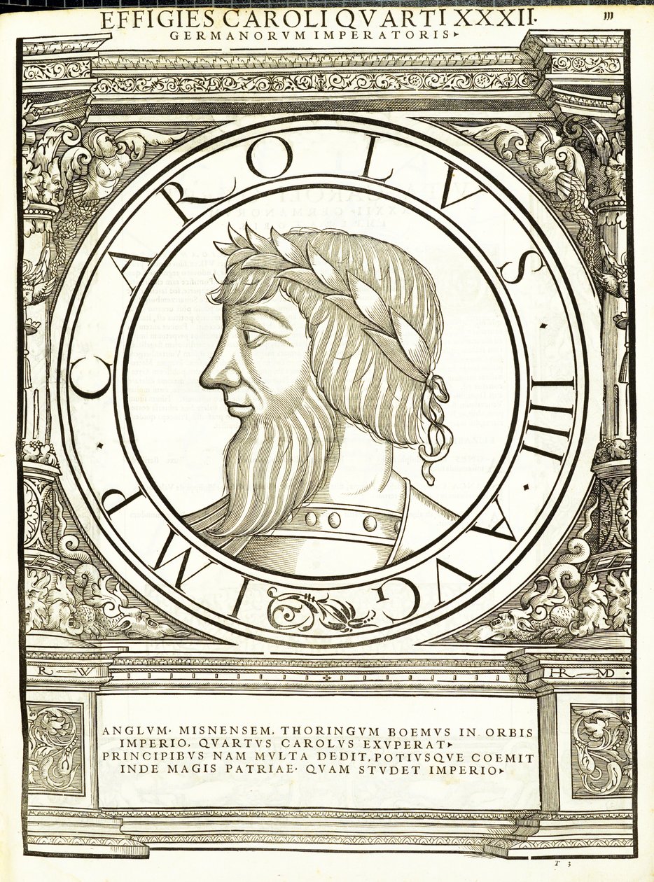 Carlo IV, illustrazione da Imperatorum romanorum omnium orientalium et occidentalium verissimae imagines ex antiquis numismatis, xilografia di Rudolph Wyssenbach, stampata da Andreas Gesner, Zurigo da Hans Rudolf Manuel Deutsch