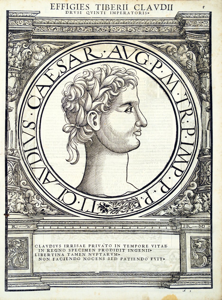 Claudio Cesare, illustrazione da Imperatorum romanorum omnium orientalium et occidentalium verissimae imagines ex antiquis numismatis, xilografia di Rudolph Wyssenbach, stampata da Andreas Gesner, Zurigo da Hans Rudolf Manuel Deutsch