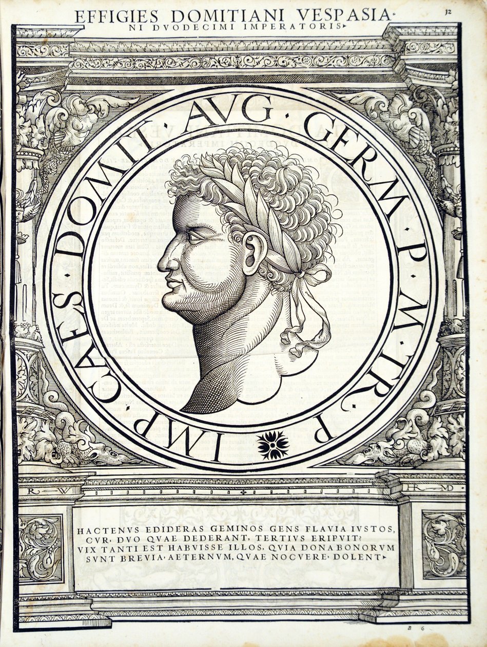 Domiziano, illustrazione da Imperatorum romanorum omnium orientalium et occidentalium verissimae imagines ex antiquis numismatis, xilografia di Rudolph Wyssenbach, stampata da Andreas Gesner, Zurigo da Hans Rudolf Manuel Deutsch