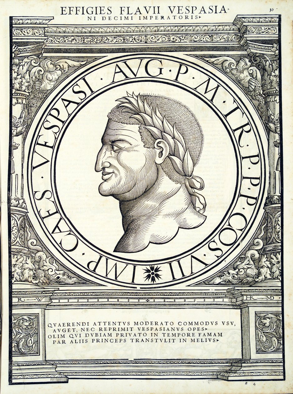 Flavio Vespasiano, illustrazione da Imperatorum romanorum omnium orientalium et occidentalium verissimae imagines ex antiquis numismatis, xilografia di Rudolph Wyssenbach, stampata da Andreas Gesner, Zurigo da Hans Rudolf Manuel Deutsch