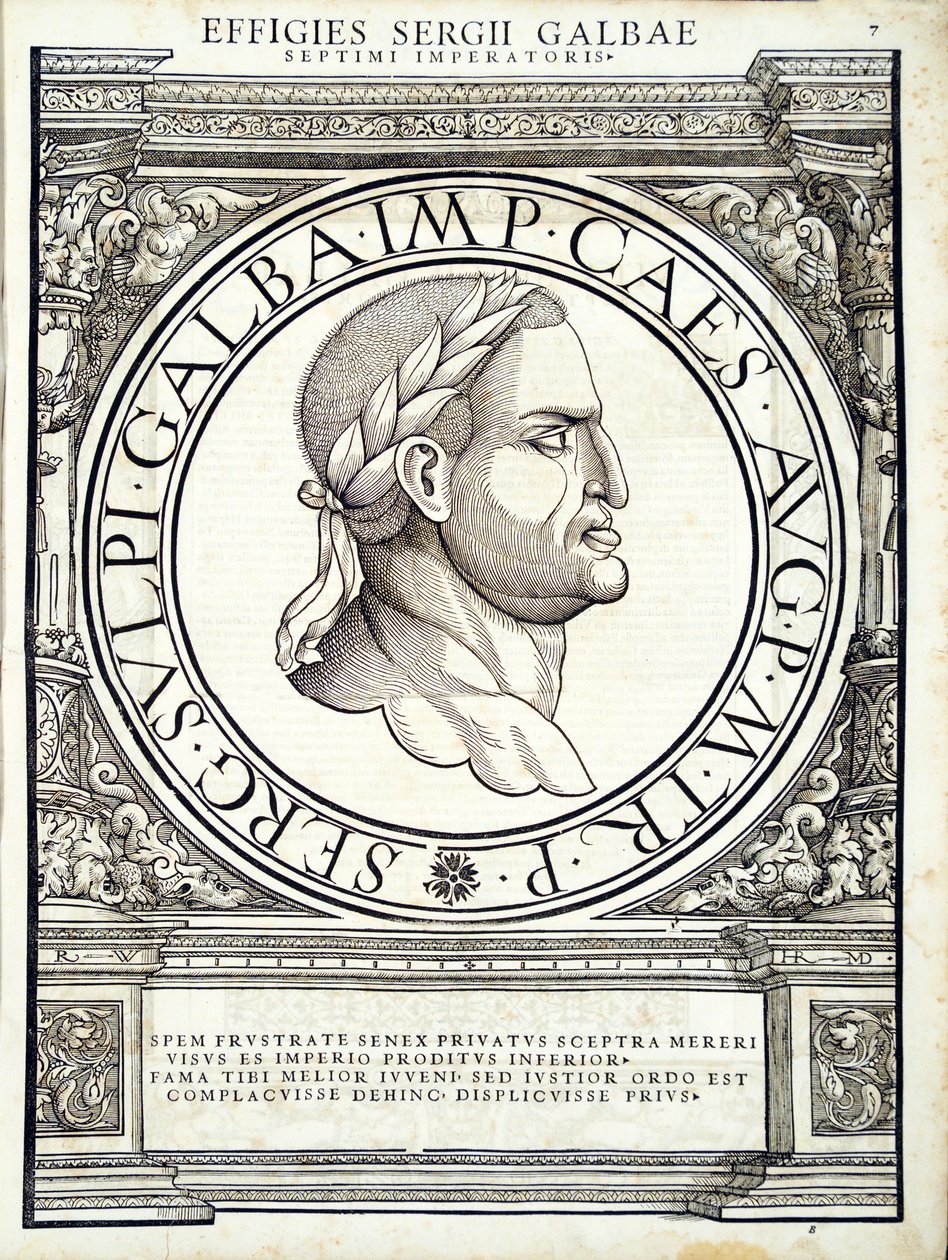 Galba, illustrazione da Imperatorum romanorum omnium orientalium et occidentalium verissimae imagines ex antiquis numismatis, xilografia di Rudolph Wyssenbach, stampata da Andreas Gesner, Zurigo da Hans Rudolf Manuel Deutsch