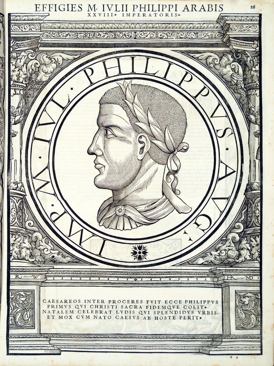 Giulio Filippo, illustrazione da Imperatorum romanorum omnium orientalium et occidentalium verissimae imagines ex antiquis numismatis, xilografia di Rudolph Wyssenbach, stampata da Andreas Gesner, Zurigo da Hans Rudolf Manuel Deutsch