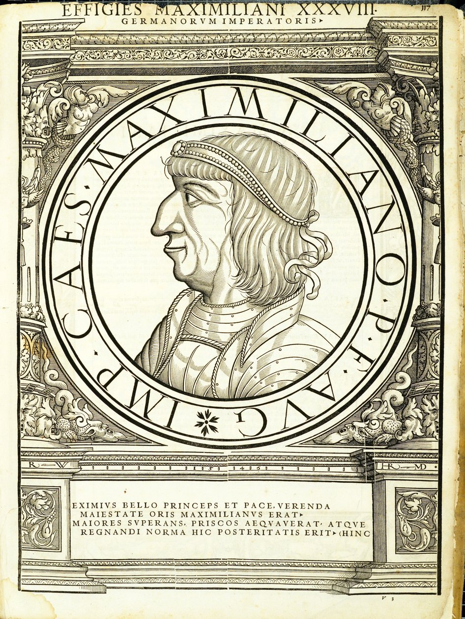 Massimiliano, illustrazione da Imperatorum romanorum omnium orientalium et occidentalium verissimae imagines ex antiquis numismatis da Hans Rudolf Manuel Deutsch
