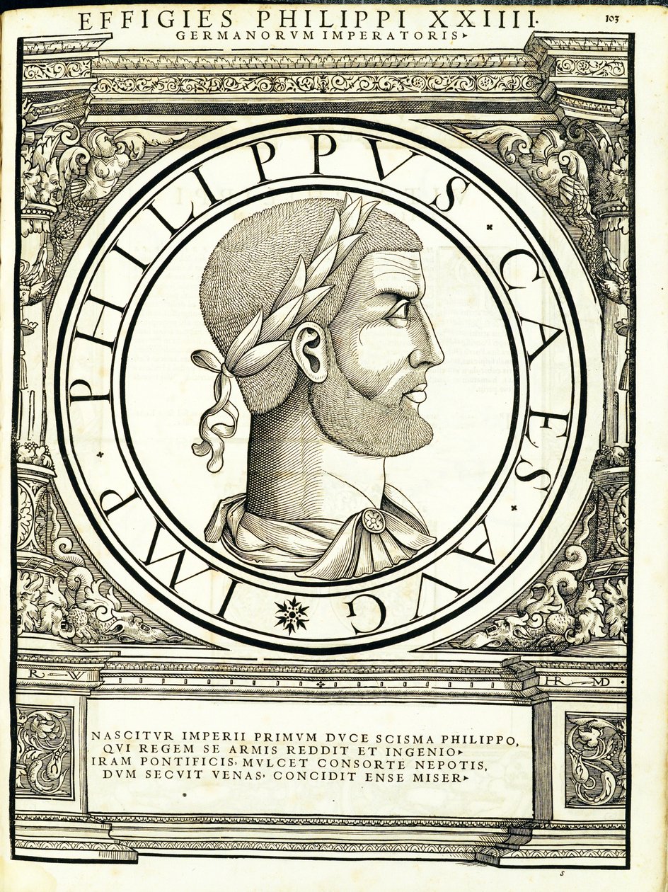 Filippo, illustrazione da Imperatorum romanorum omnium orientalium et occidentalium verissimae imagines ex antiquis numismatis, xilografia di Rudolph Wyssenbach, stampata da Andreas Gesner, Zurigo da Hans Rudolf Manuel Deutsch