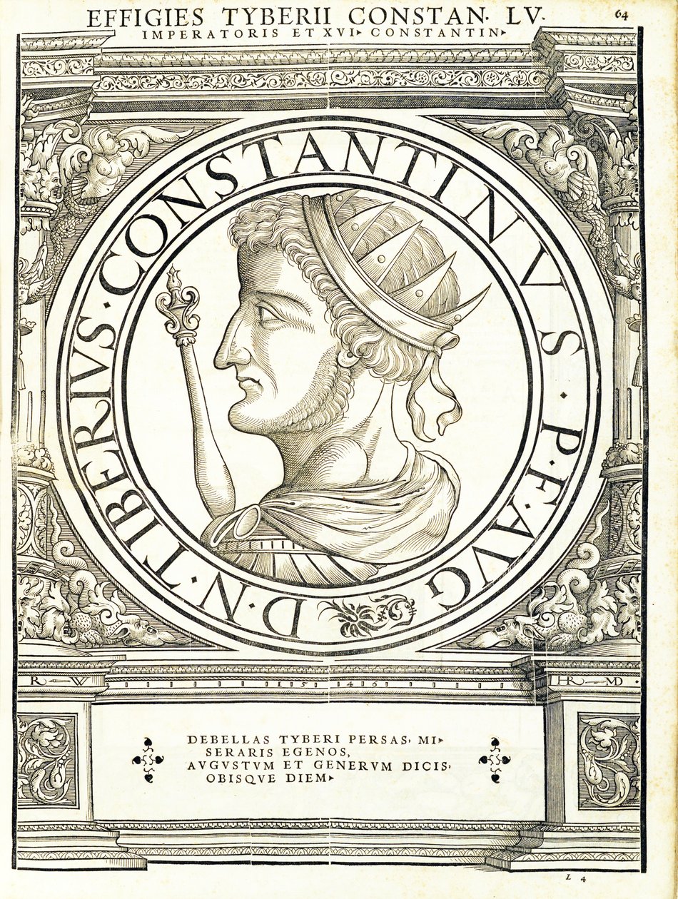 Tiberio Costantino, illustrazione da Imperatorum romanorum omnium orientalium et occidentalium verissimae imagines ex antiquis numismatis, xilografia di Rudolph Wyssenbach, stampata da Andreas Gesner, Zurigo da Hans Rudolf Manuel Deutsch