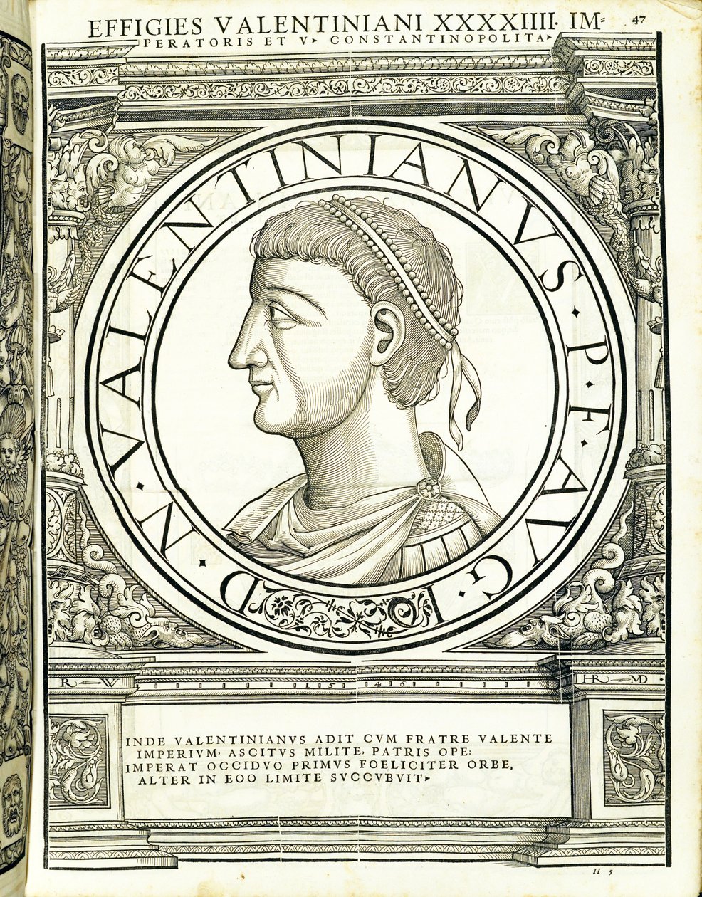 Valentiniano, illustrazione da Imperatorum romanorum omnium orientalium et occidentalium verissimae imagines ex antiquis numismatis, xilografia di Rudolph Wyssenbach, stampata da Andreas Gesner, Zurigo da Hans Rudolf Manuel Deutsch