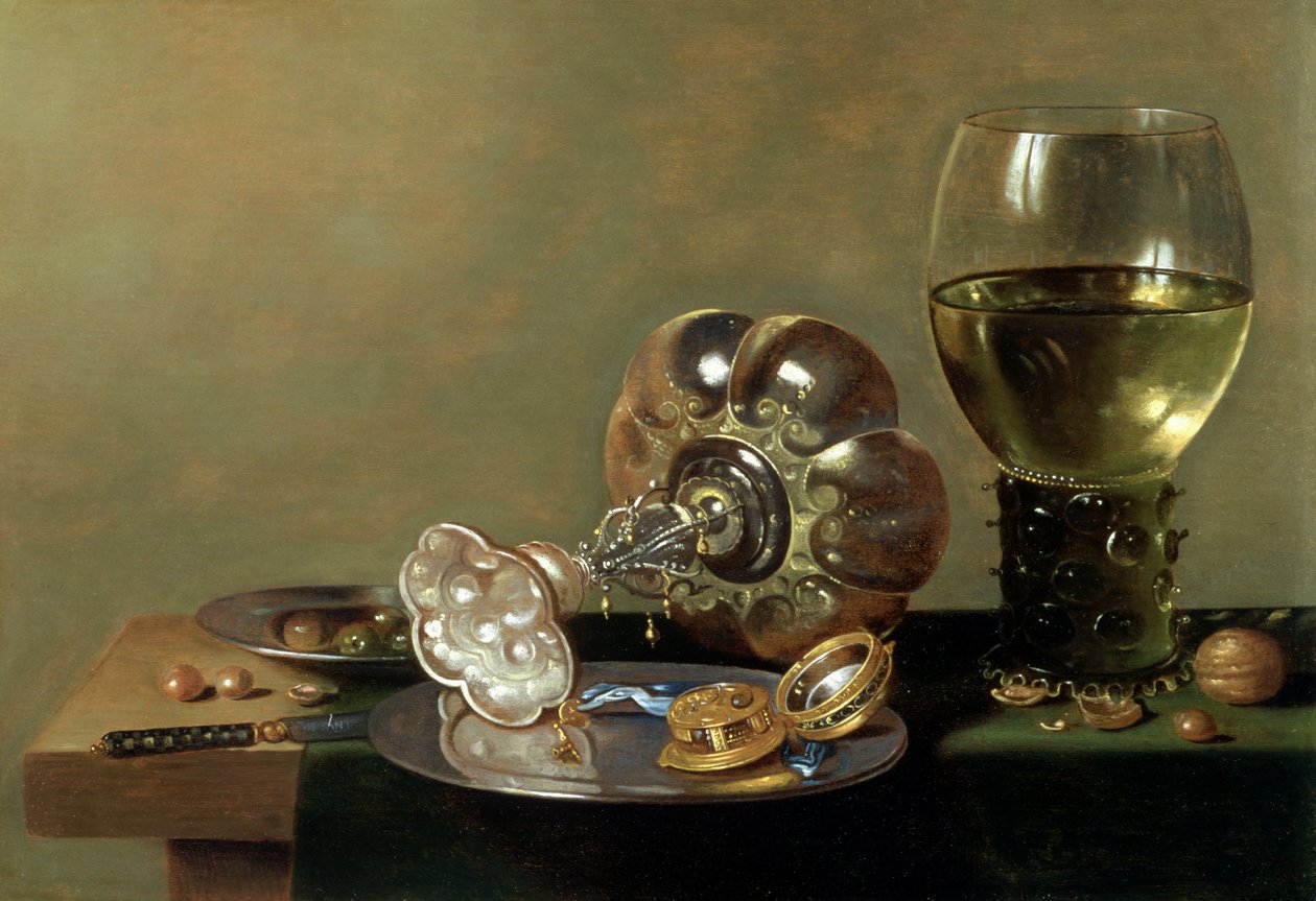 Natura morta con bicchiere di vino, tazza e piatto di peltro da Hans van Sant
