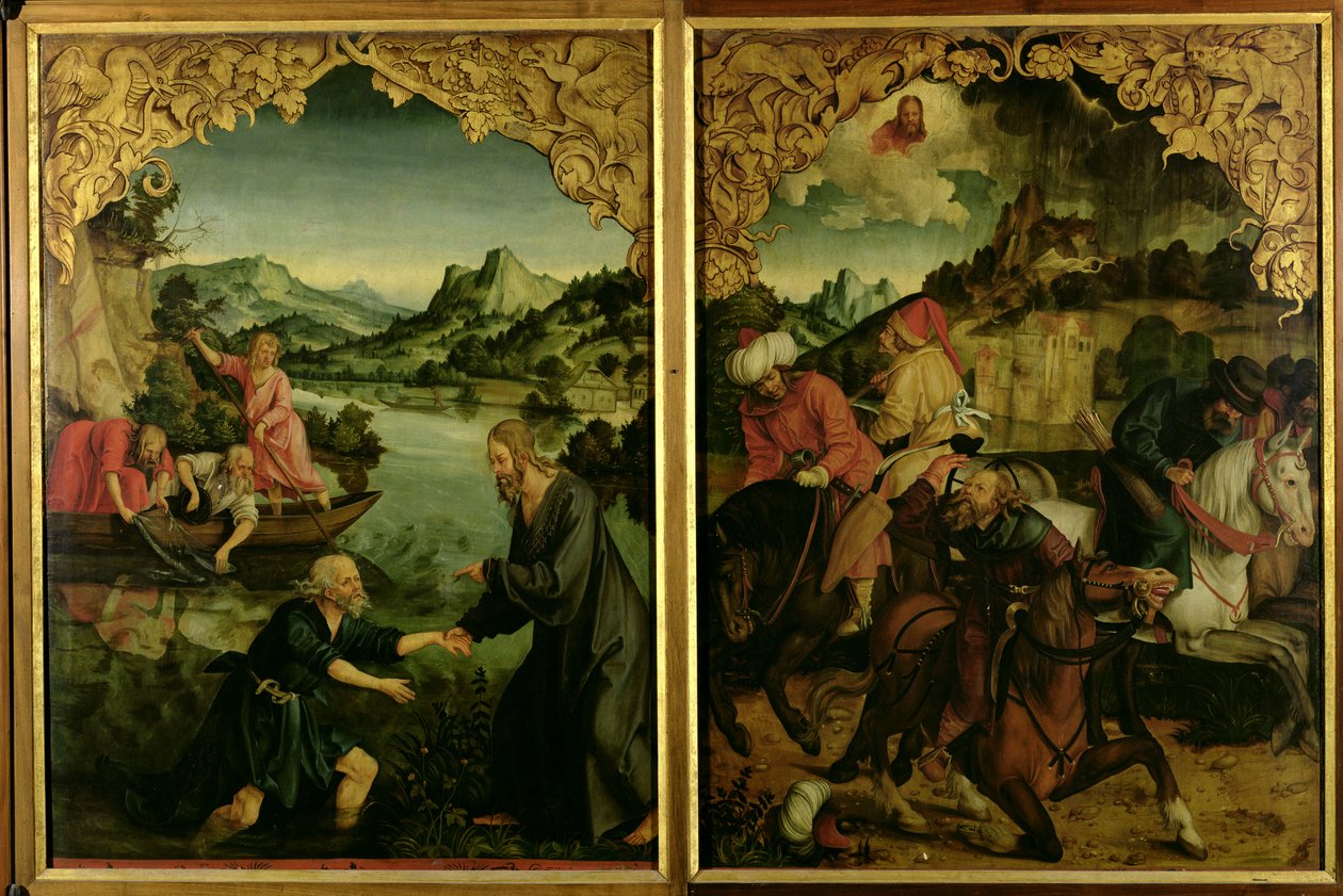 Storie dei S.S. Pietro e Paolo altare: dettaglio che mostra da sinistra a destra, Vocazione di San Pietro, Conversione di San Paolo (dettaglio) da Hans von Klumbach